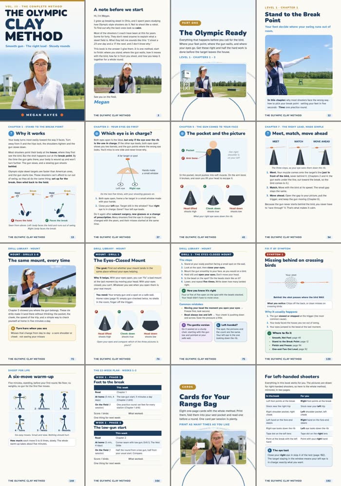 Sixteen sample pages from The Olympic Clay Method